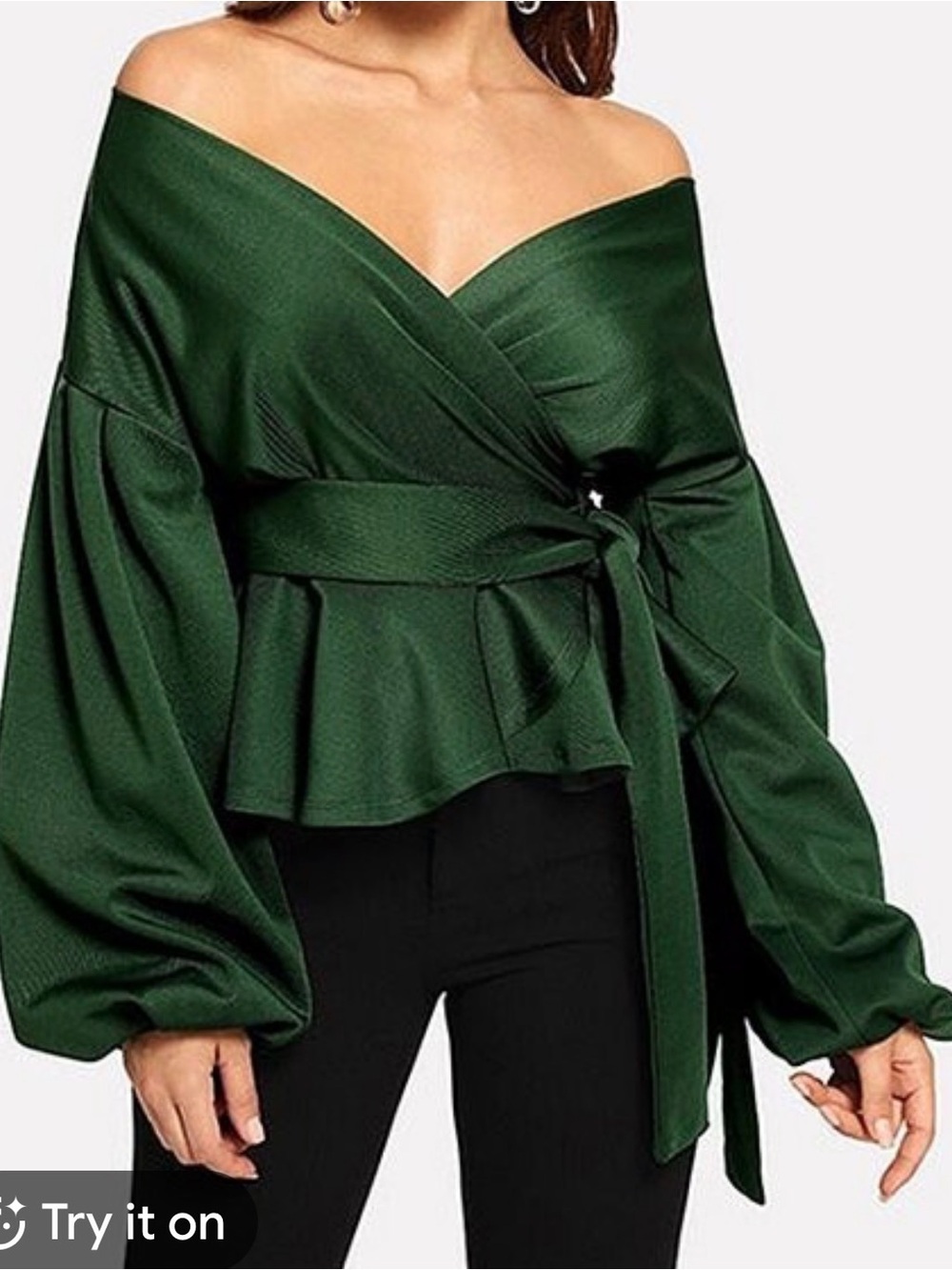 Off-Shoulder Wrap Peplum Blouse - Emerald Green